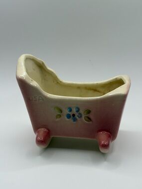Vintage USA Pottery Pink Footed Planter Blue Flower Mid Century Ceramic